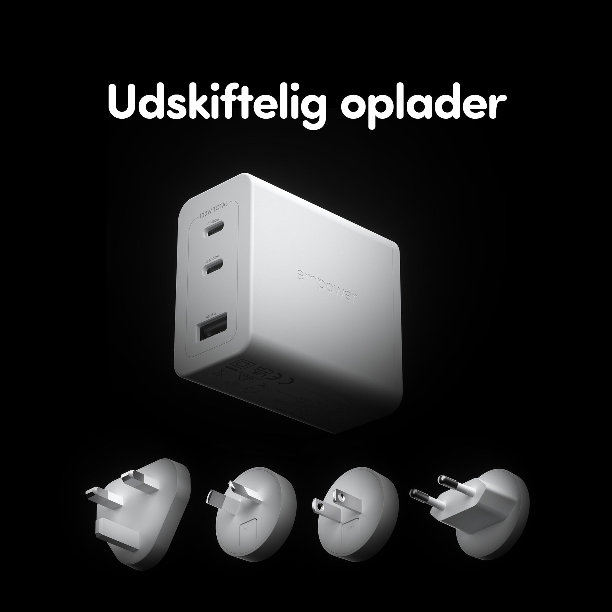 empower™ by PanzerGlass® Turbo 100W World Travel Adaptor inkl. 2 x USB-C + USB-A | Silver White